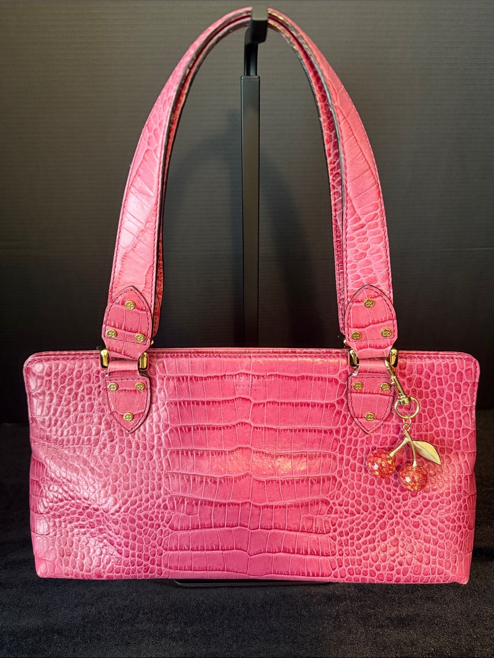 Vintage kate spade Bright Pink Croc-Embossed Shoulder Bag with Cherry Charm